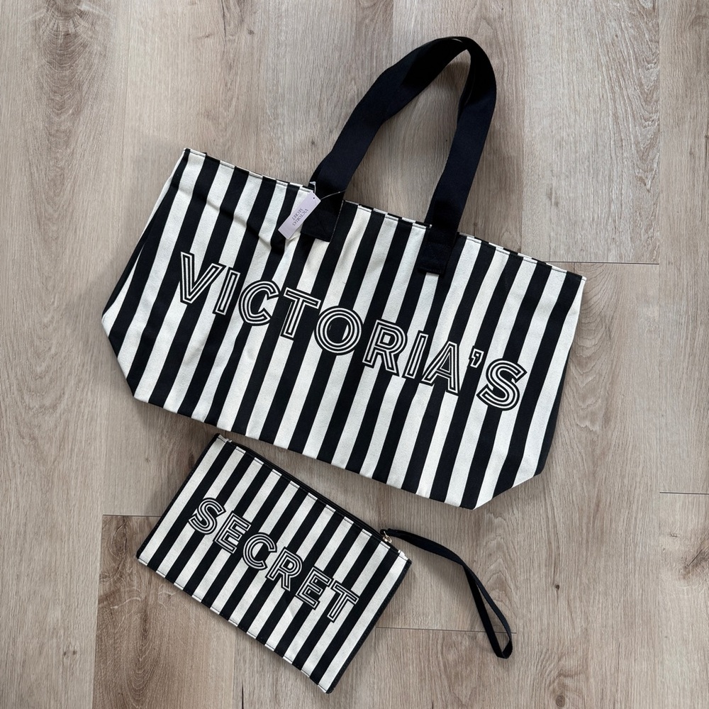 NEW Victoria's Secret Black and White Striped Tote Bag Set